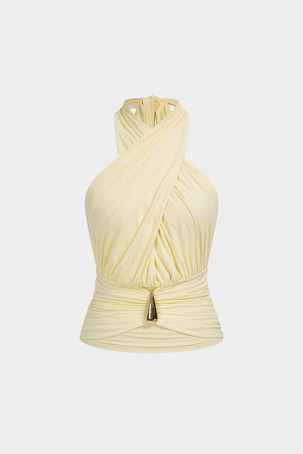 Metallic tanktop met halternek, open rug en ruches