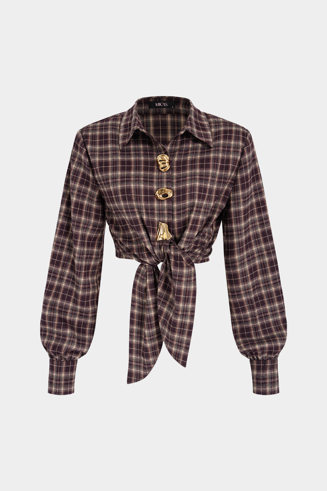 Geruite metallic blouse met knoopjes, strik en lange mouwen