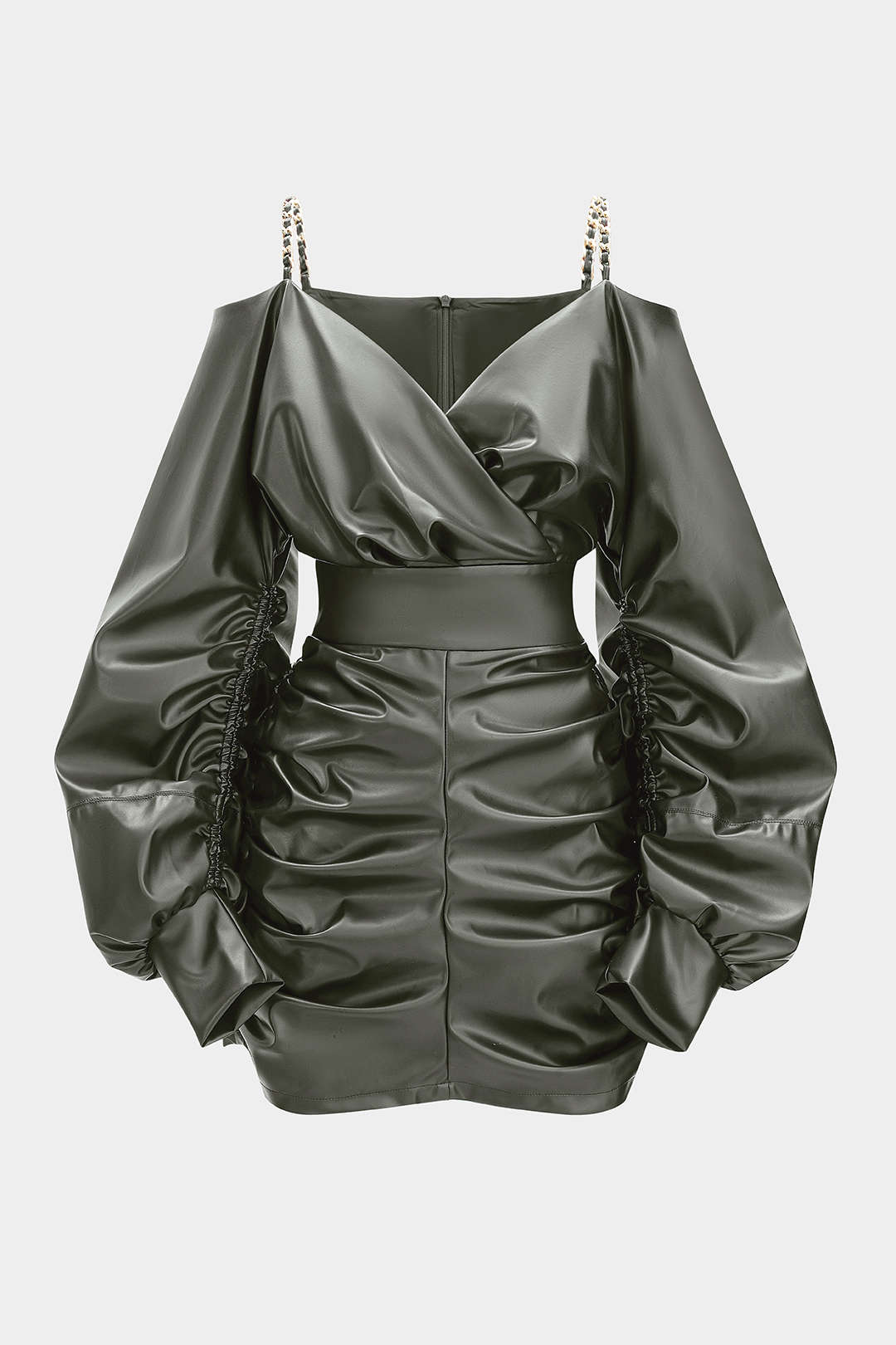 Gwen - Leren-look metallic minijurk met kettingdetail en ruches