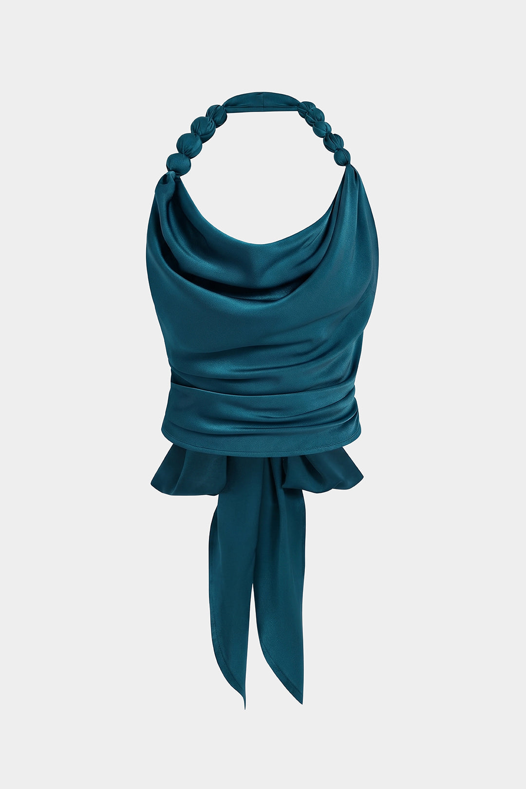 Satijnen tanktop met halternek, drapering en watervalhals