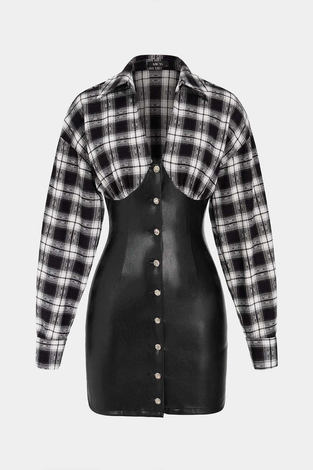 Patchwork leren-look minijurk met V-hals en lange mouwen