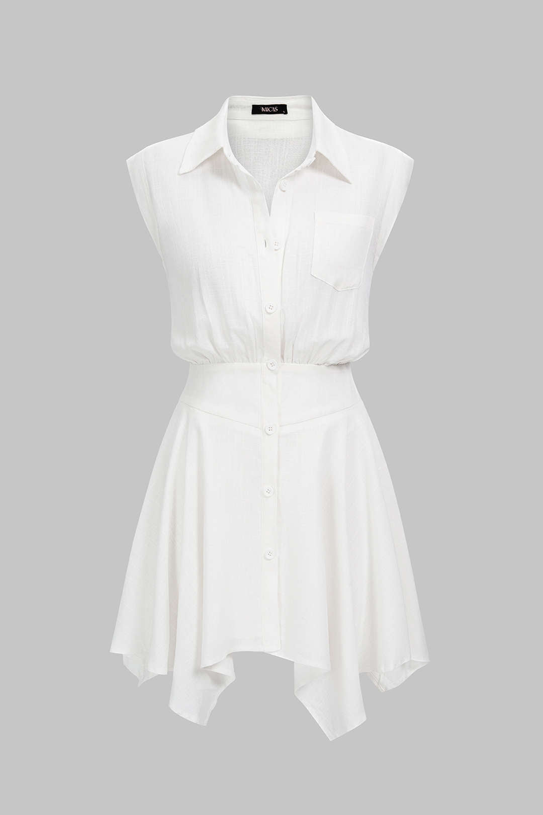 Asymmetrische mouwloze minijurk met revers en knoopjes