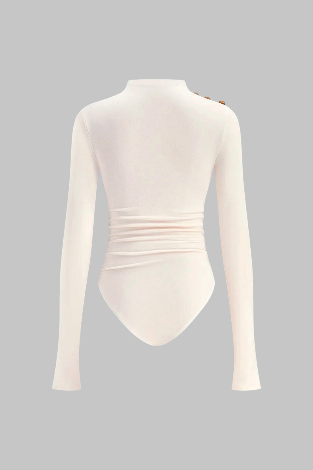 Asymmetrische body met knoopjes, ruches en lange mouwen