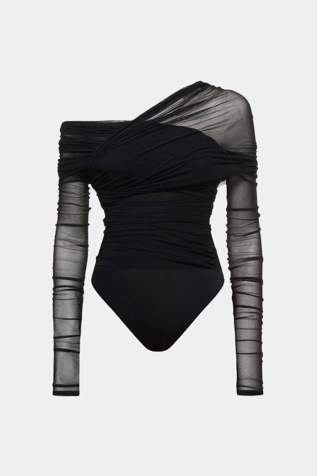 Mesh asymmetrische body met ruches en één schouder