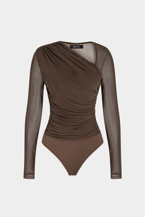 Mesh asymmetrische body met ruches en lange mouwen