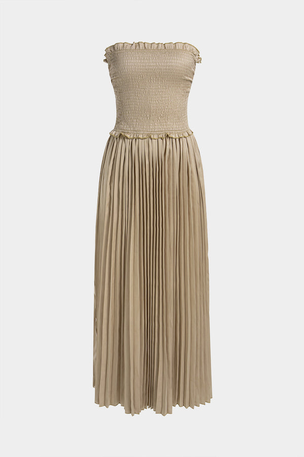 Geplooide mouwloze maxijurk met strapless pasvorm