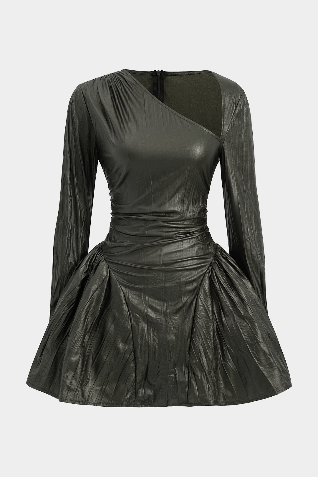Livia - Asymmetrische minijurk met ruches en lange mouwen
