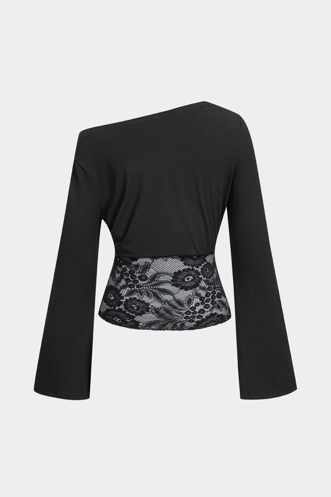 Daphne - Patchwork top met kant, één schouder en lange mouwen