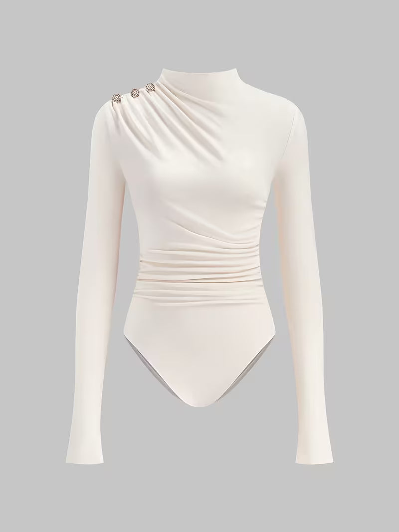 Pleated Bodysuit with Funnel Neck and Off-Shoulder Detail