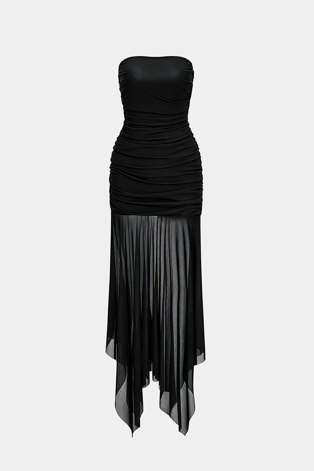 Mesh midijurk met strapless pasvorm en asymmetrische zoom