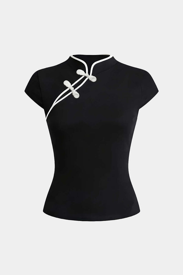 T-shirt met brandenburgsluiting, uitsnijding en korte mouwen