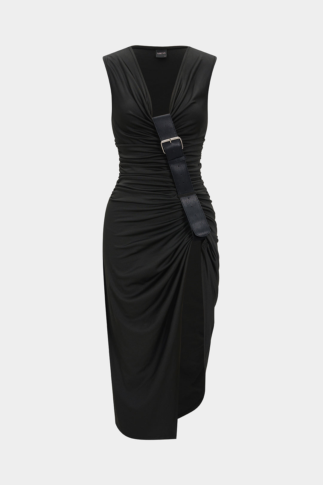 Asymmetrische mouwloze midijurk met ruches, V-hals en split