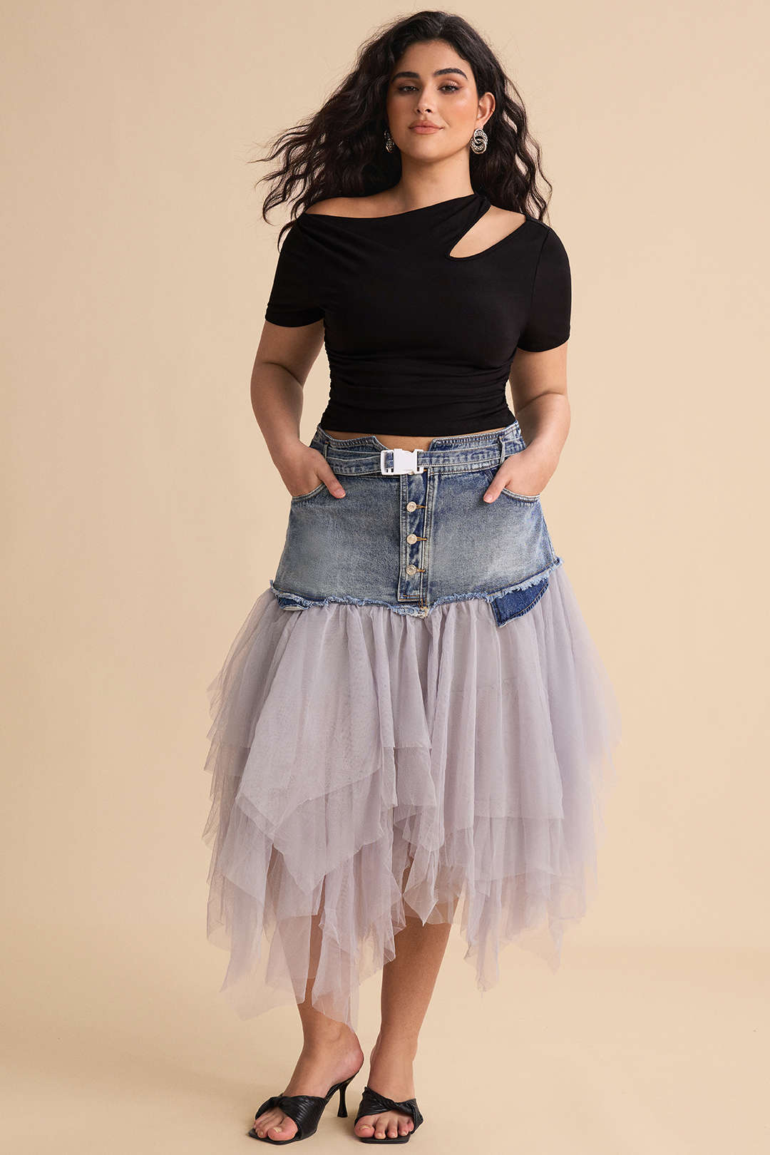 Denim mesh rok met hoge taille