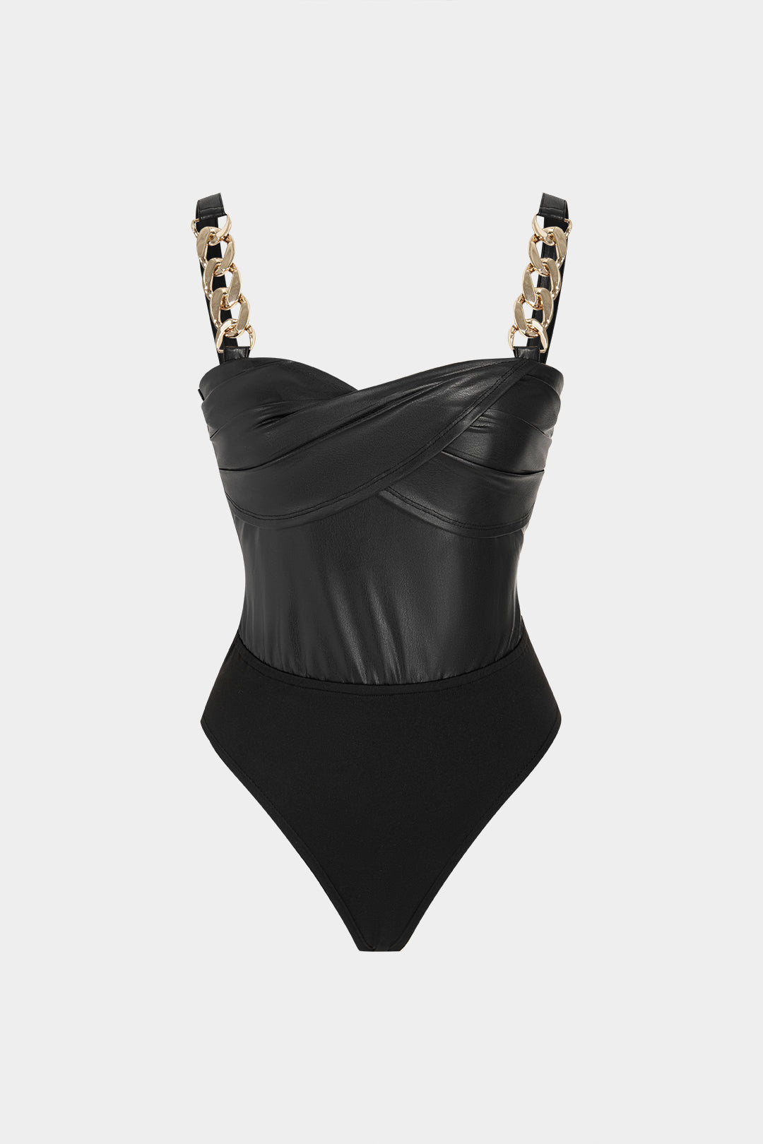 Leren-look metallic body met ruches en kettingdetail