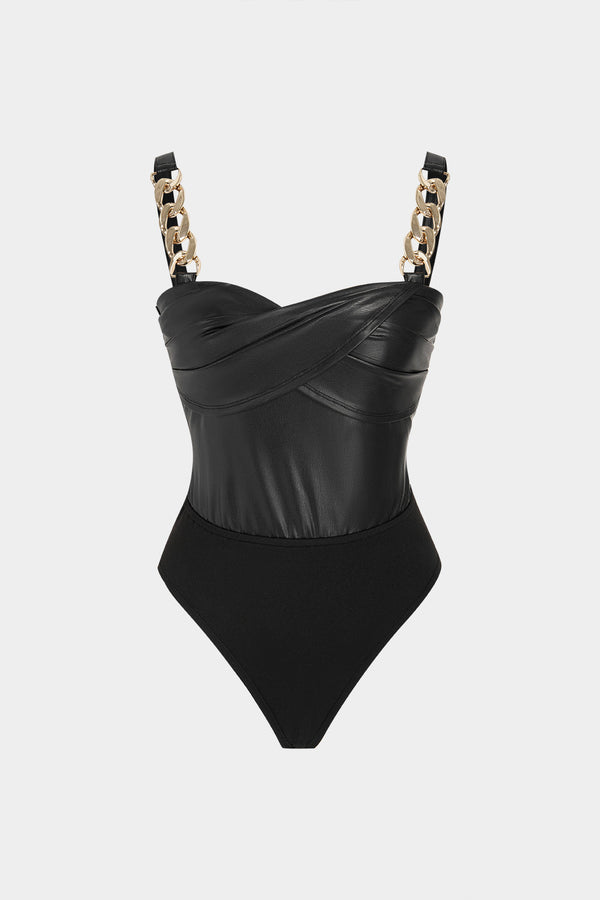 Leren-look metallic body met ruches en kettingdetail