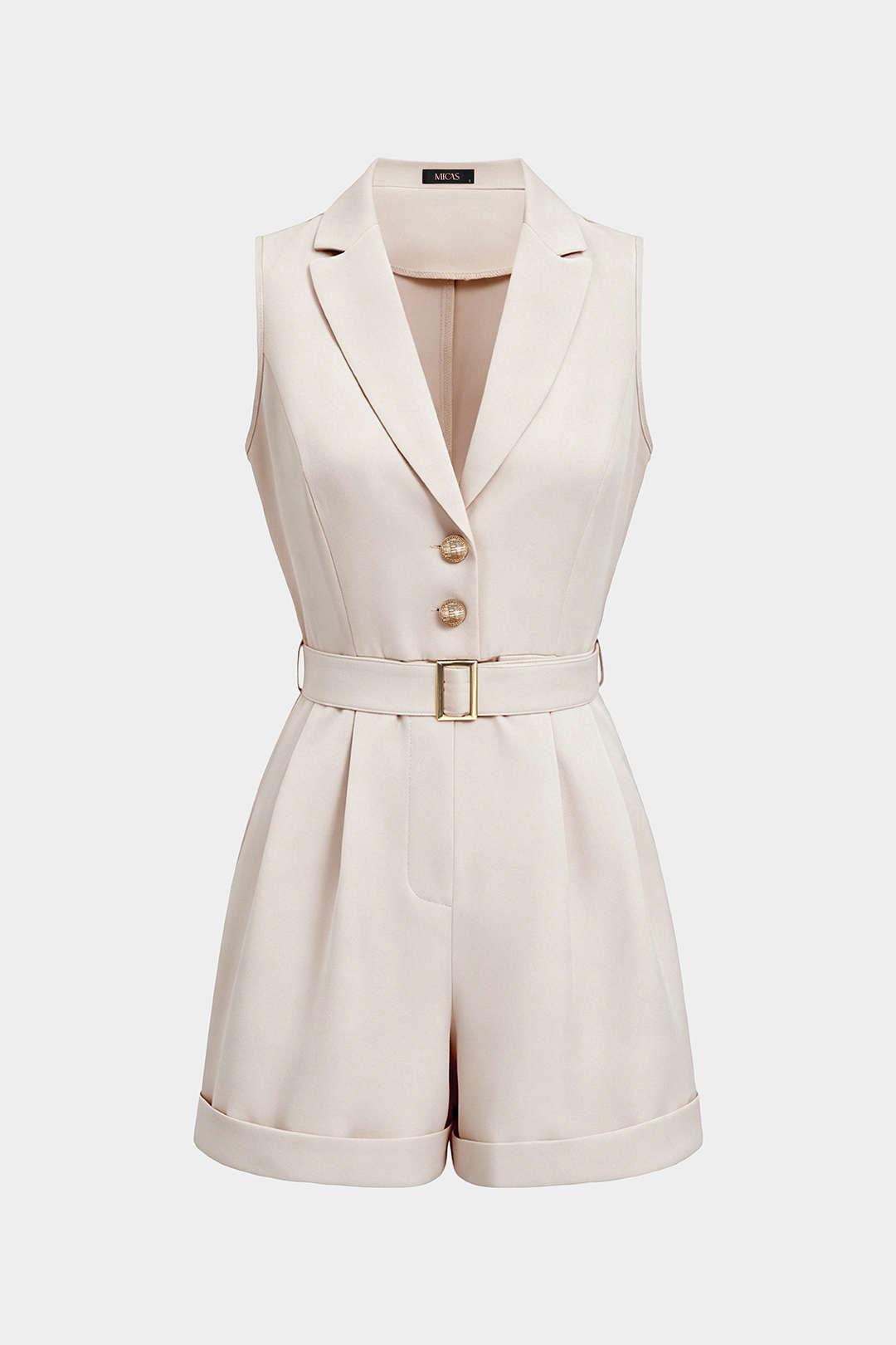Mouwloze playsuit met reverskraag, V-hals en riem