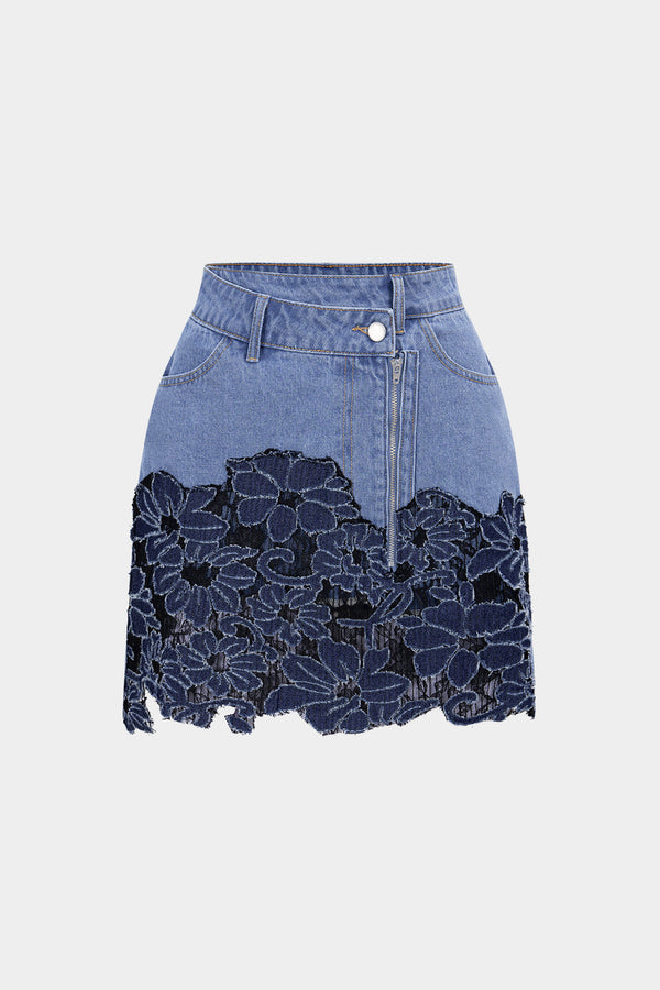 Denim patchwork rok met rits en rafelrand