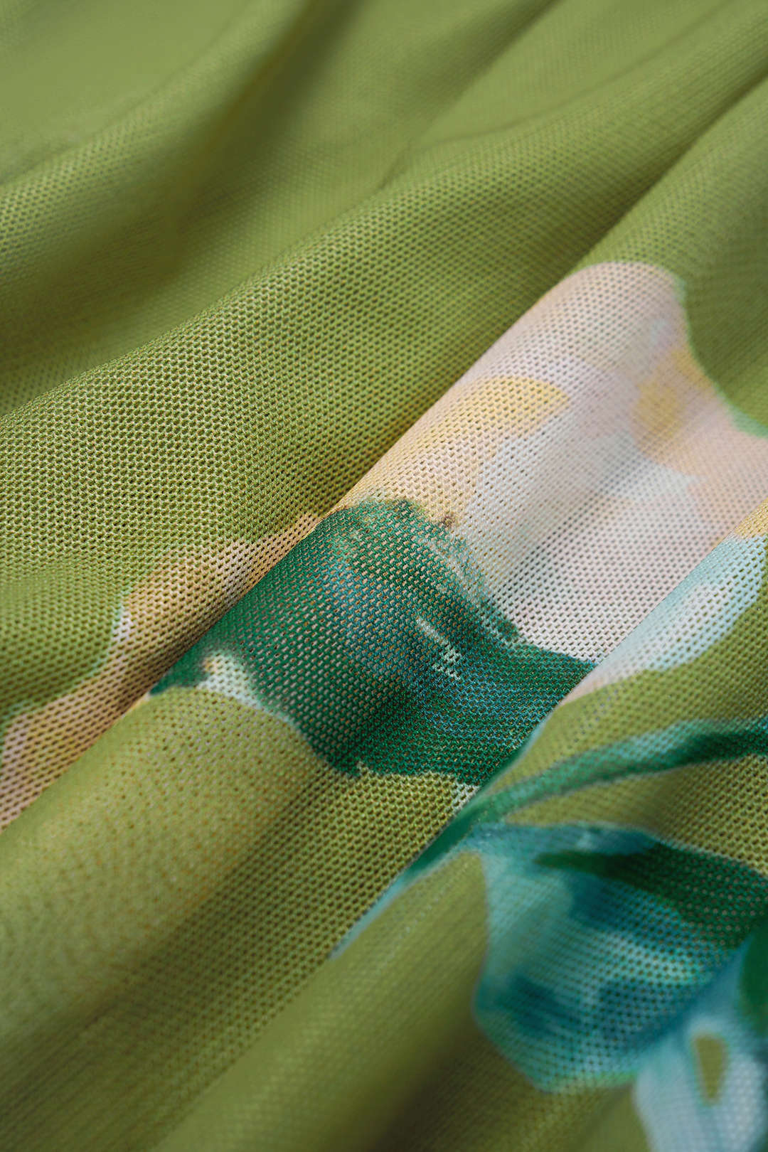 Bloemenprint mesh minijurk met ronde hals en ruches