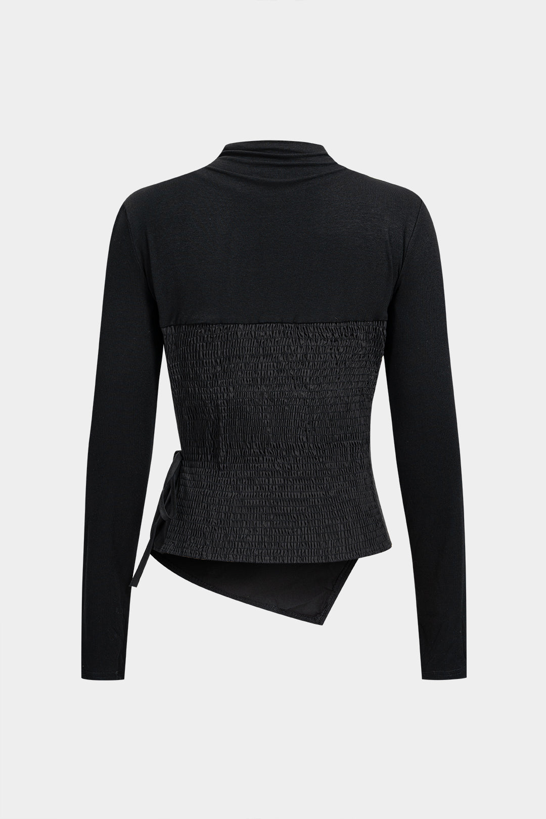 Patchwork top met strik, ruches en lange mouwen