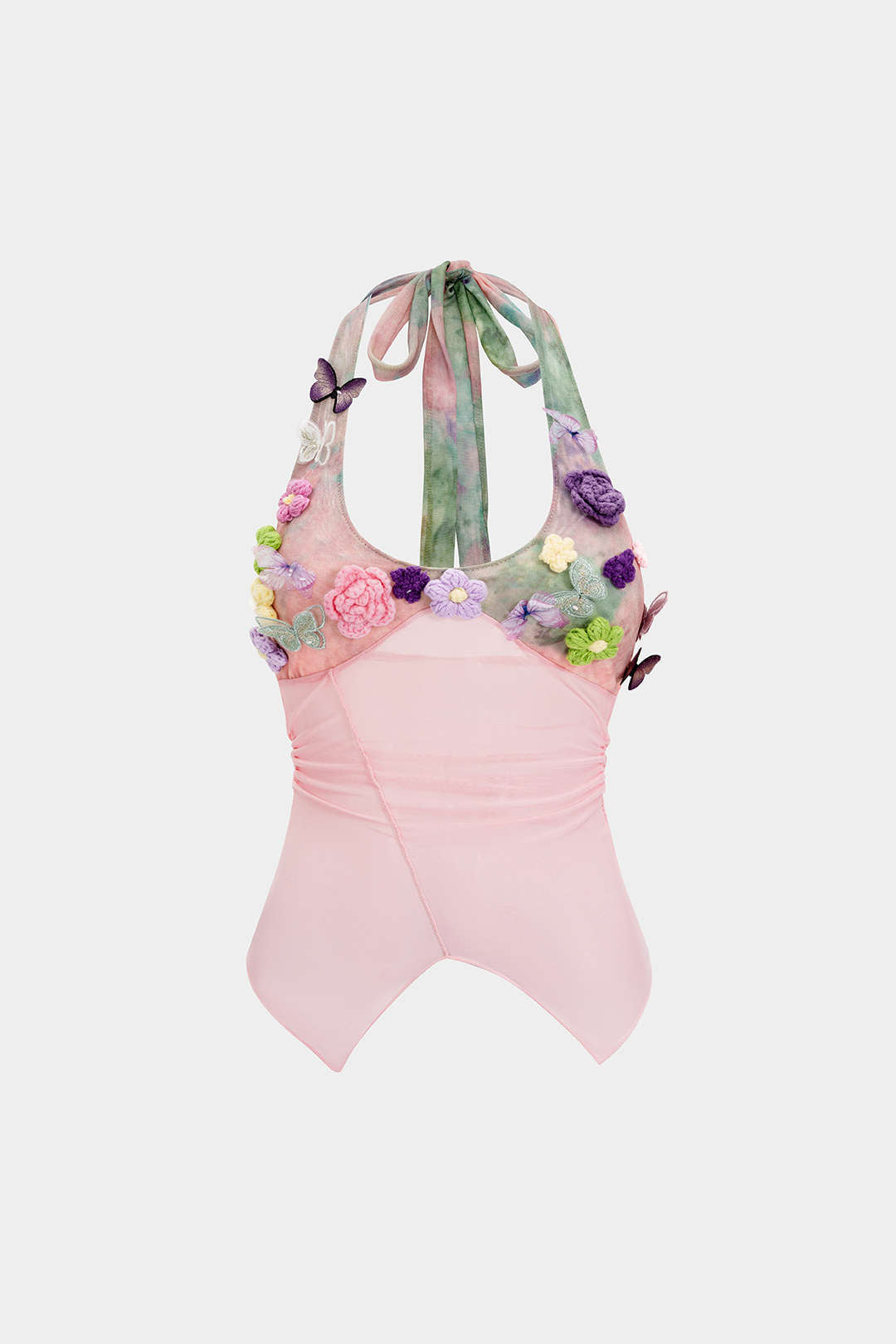 Tie-dye mesh top met halternek en strik