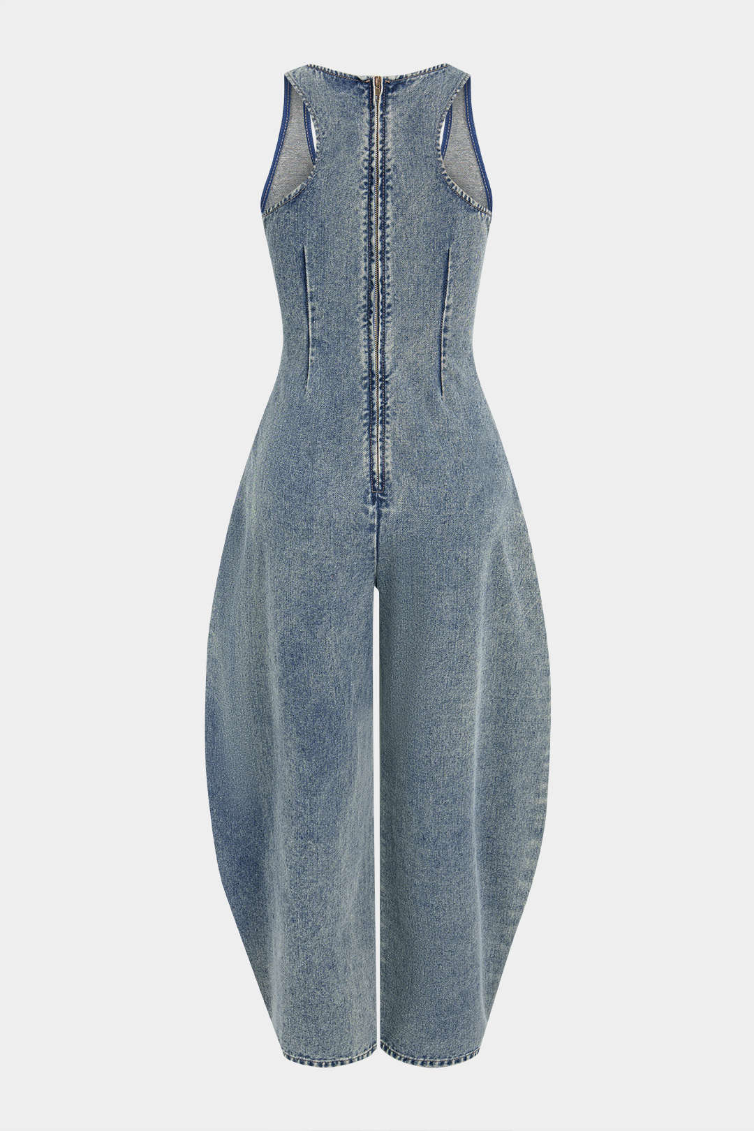 Denim mouwloze jumpsuit met ronde hals, strik en ballonmodel
