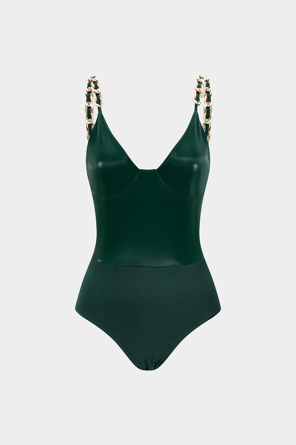 Leren-look patchwork body met kettingdetail