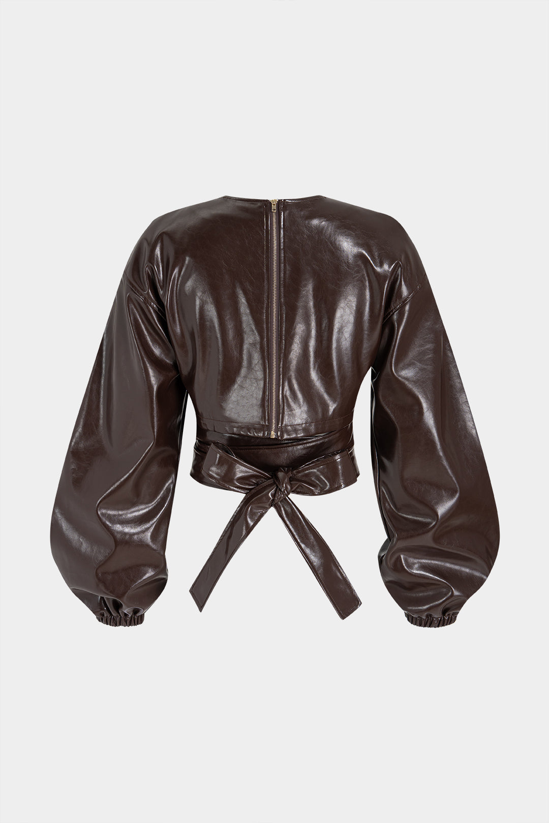 Leren-look top met ronde hals en lange mouwen