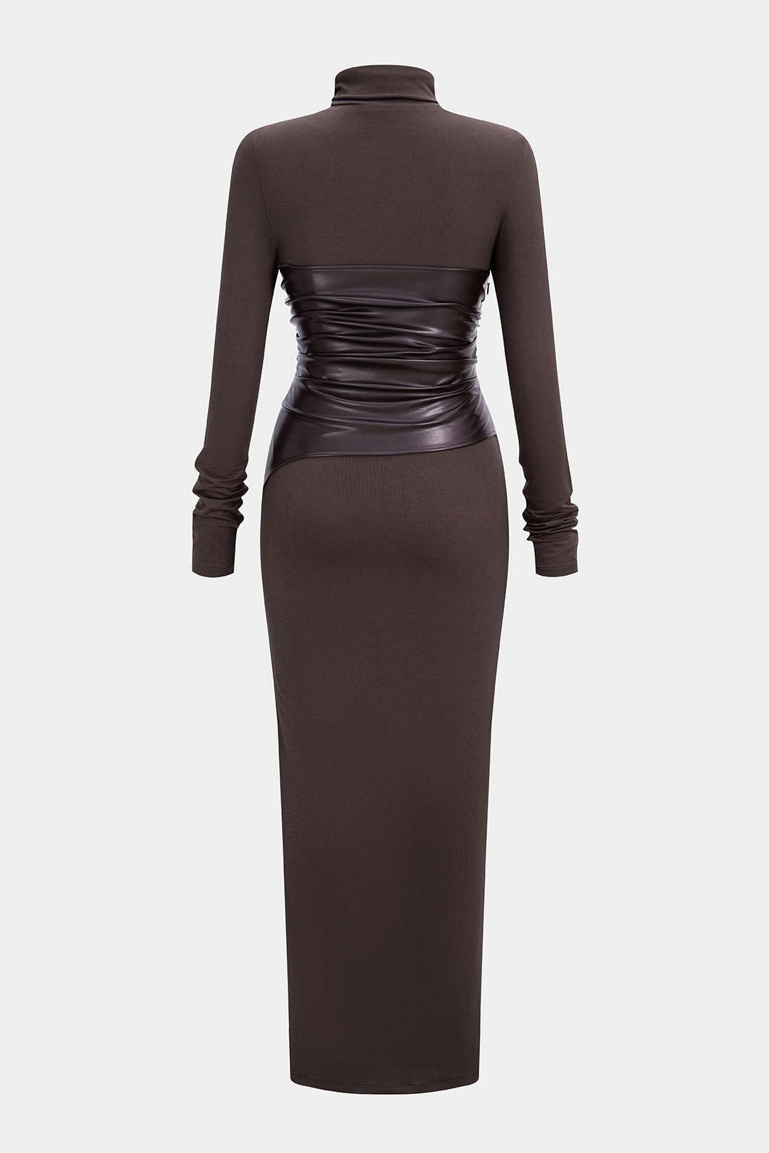 Leren-look maxijurk met ruches en lange mouwen