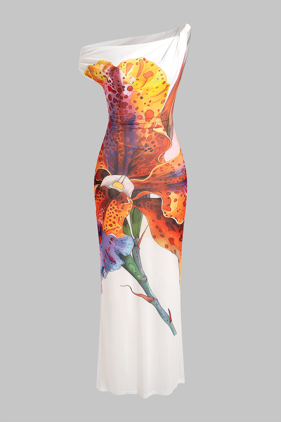 Bloemenprint mesh maxijurk met gedraaid detail