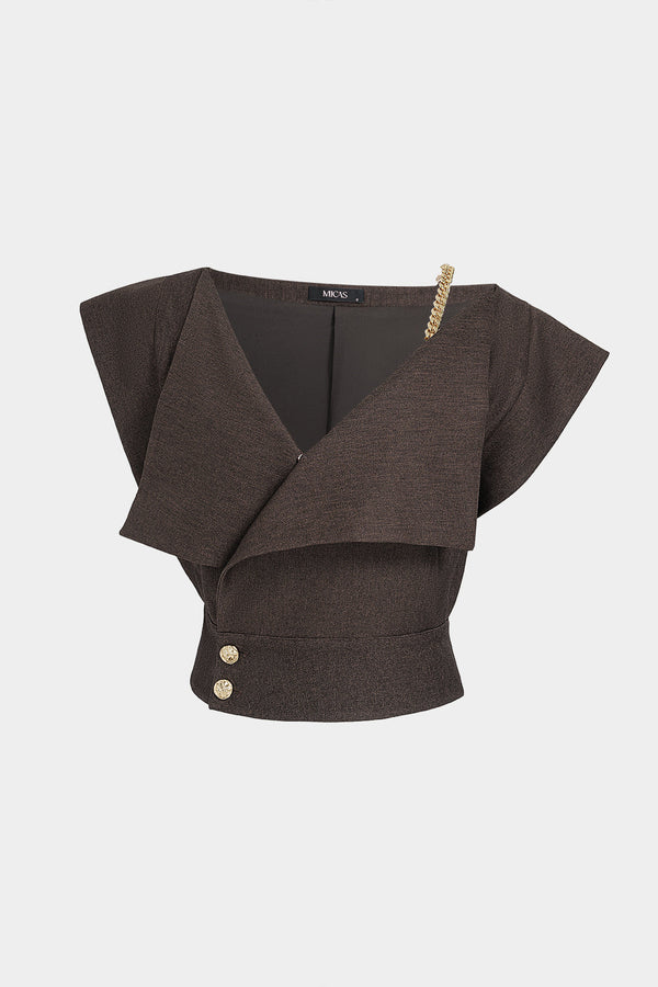 Asymmetrisch metallic gilet met V-hals en knoopjes