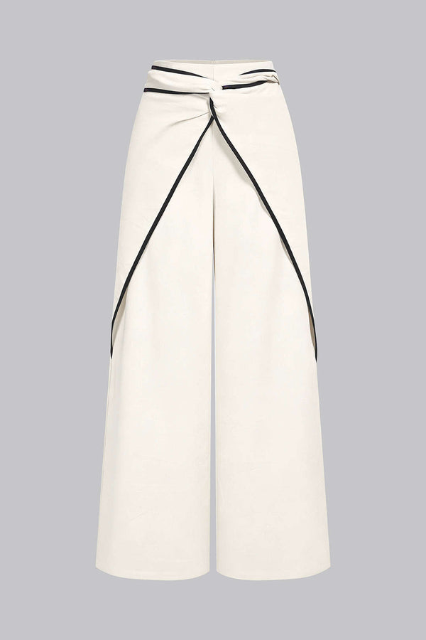 Linnen broek met ruches, gedraaid detail en knoopdetail