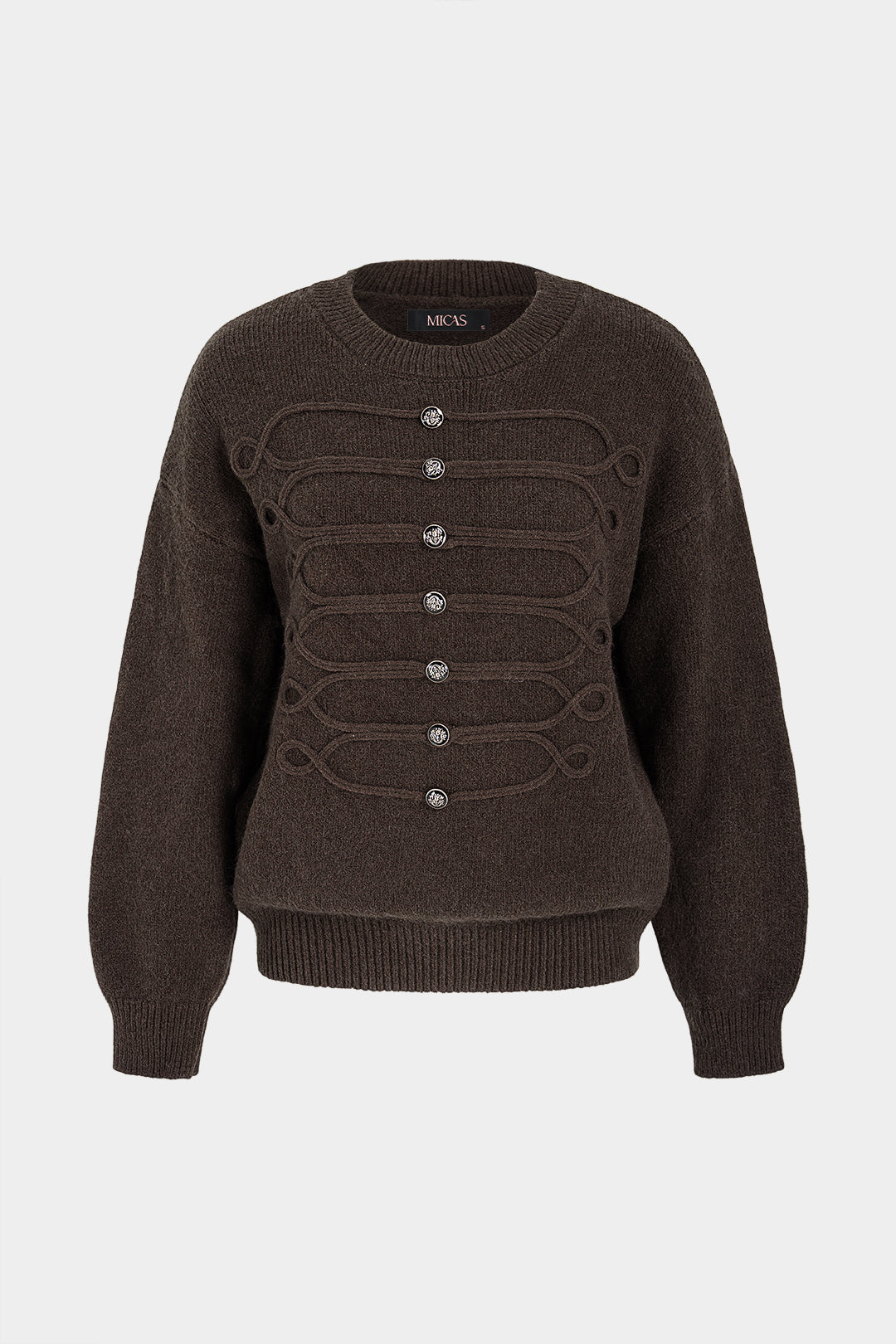 Gebreide top met ronde hals en brandenburgsluiting
