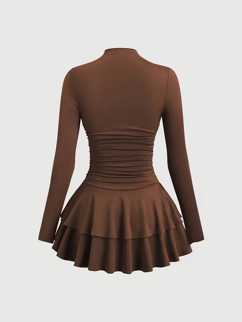 Elegant Pleated Halter Dress with Long Sleeves