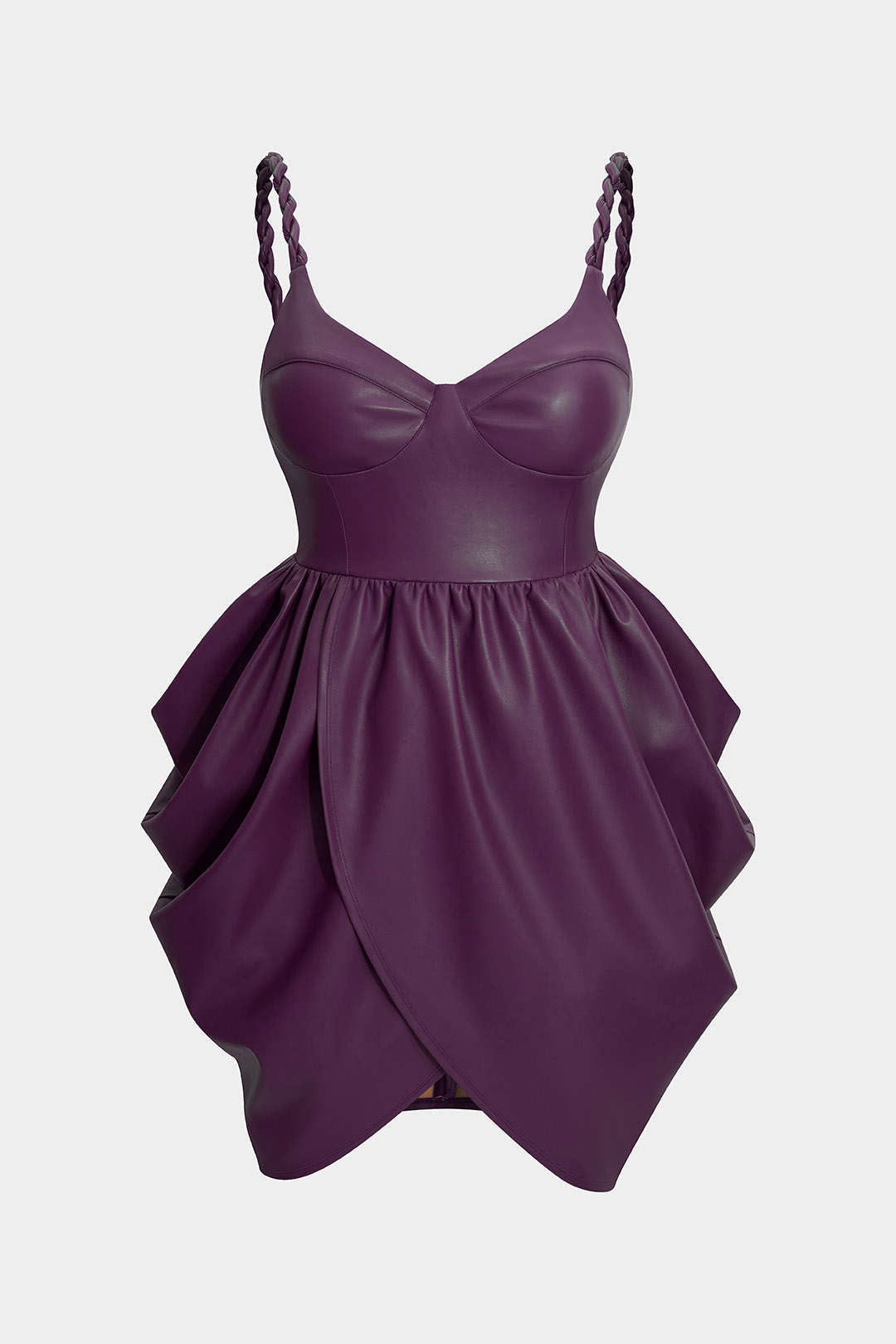 Leren-look mouwloze minijurk met rits en ruches