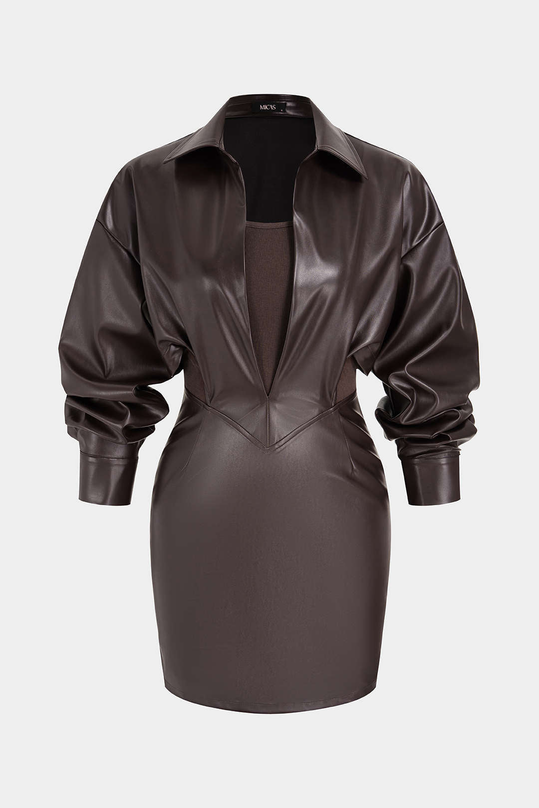 Leren-look minijurk met revers en lange mouwen