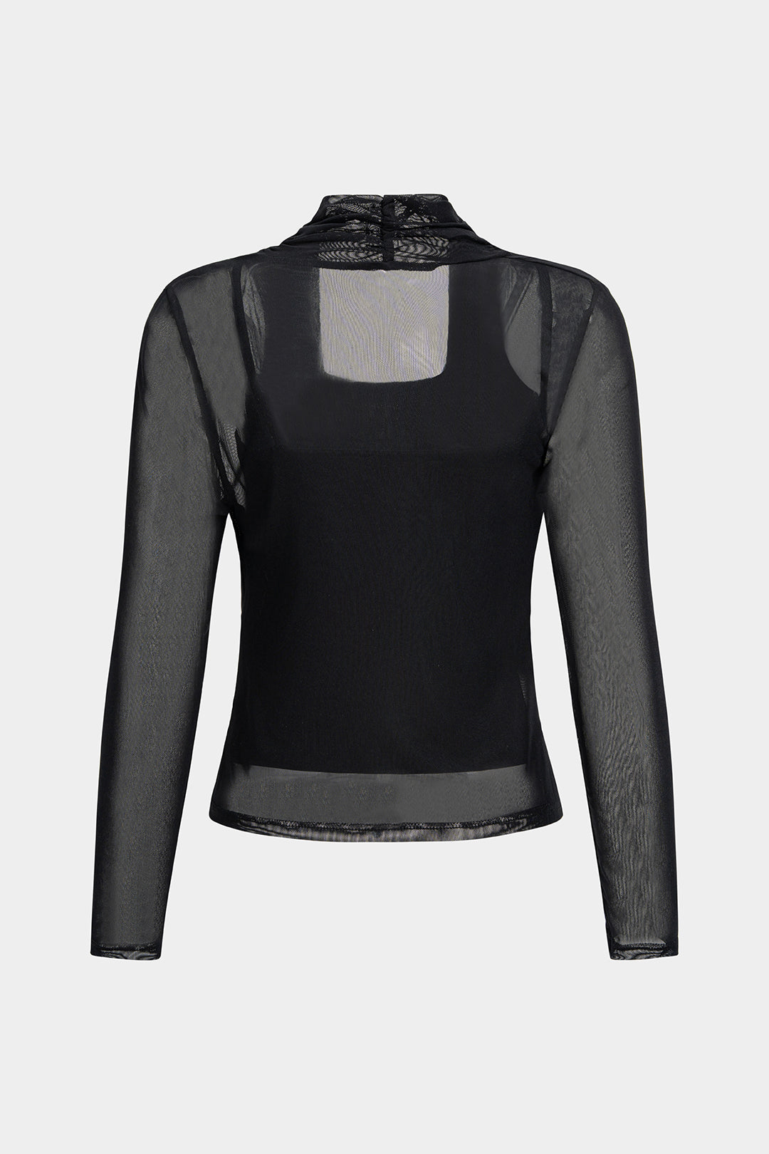 Mesh top met drapering, watervalhals en lange mouwen