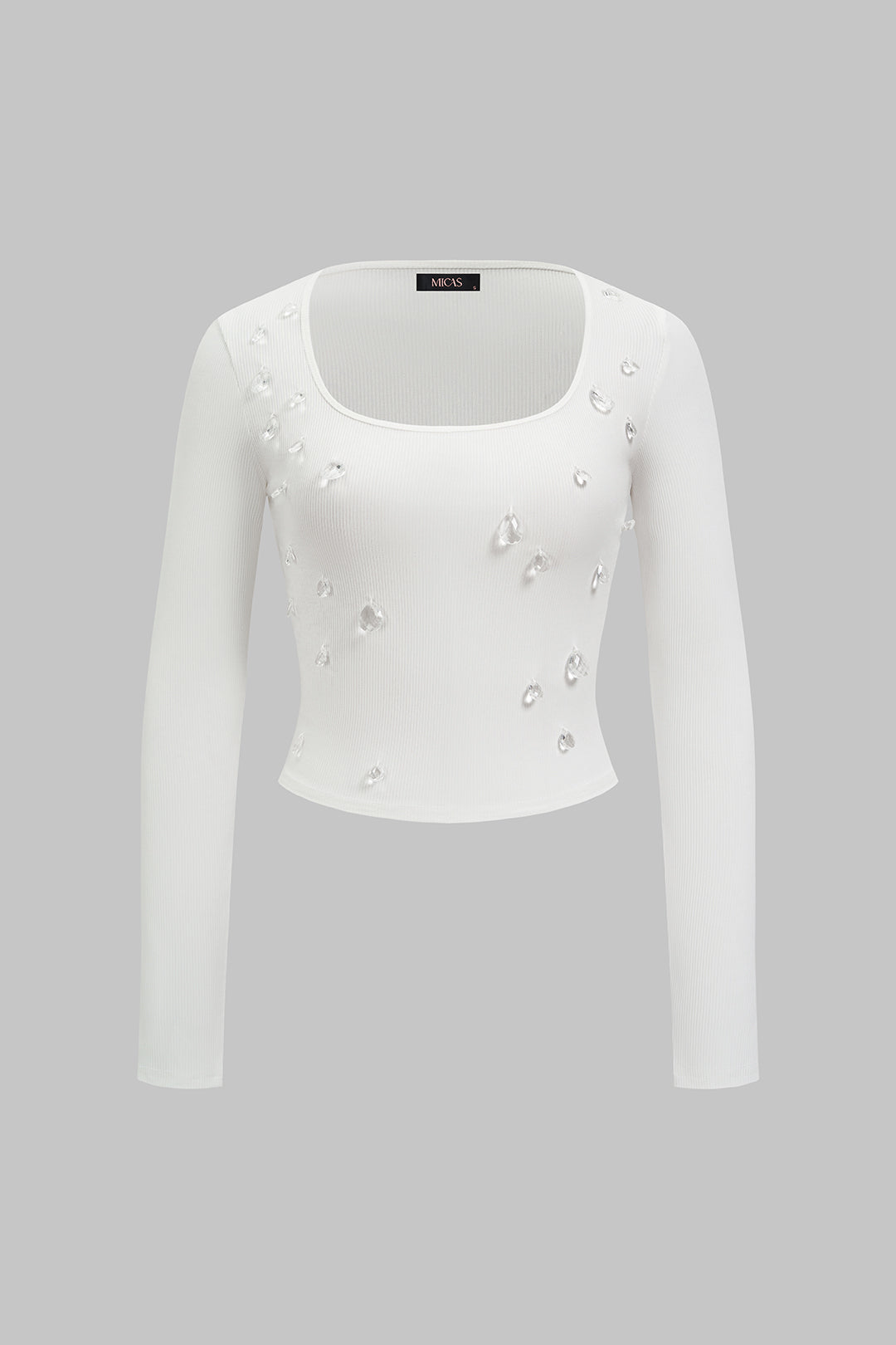 T-shirt met vierkante hals, strass en lange mouwen