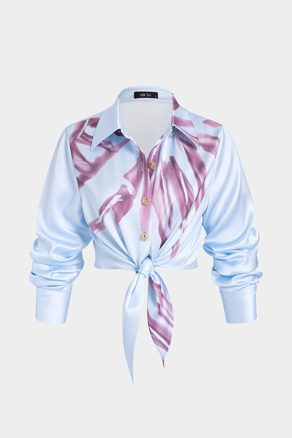 Bloemenprint satijnen blouse met knoopjes en knoopdetail