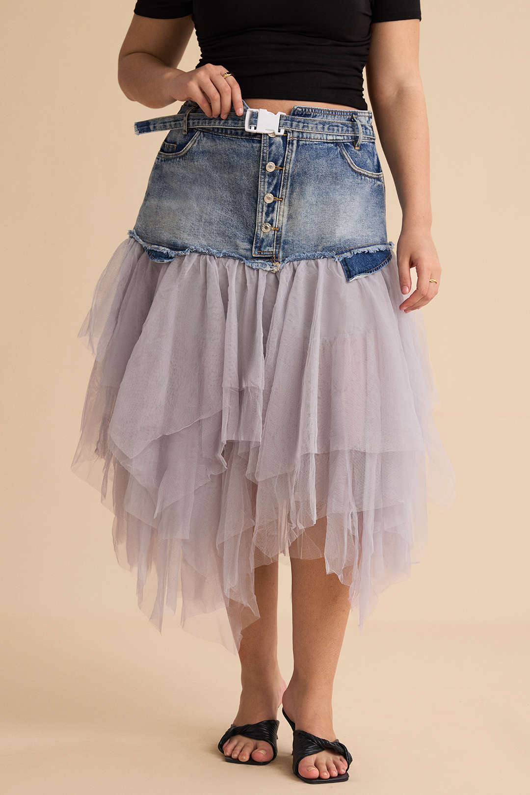 Denim mesh rok met hoge taille