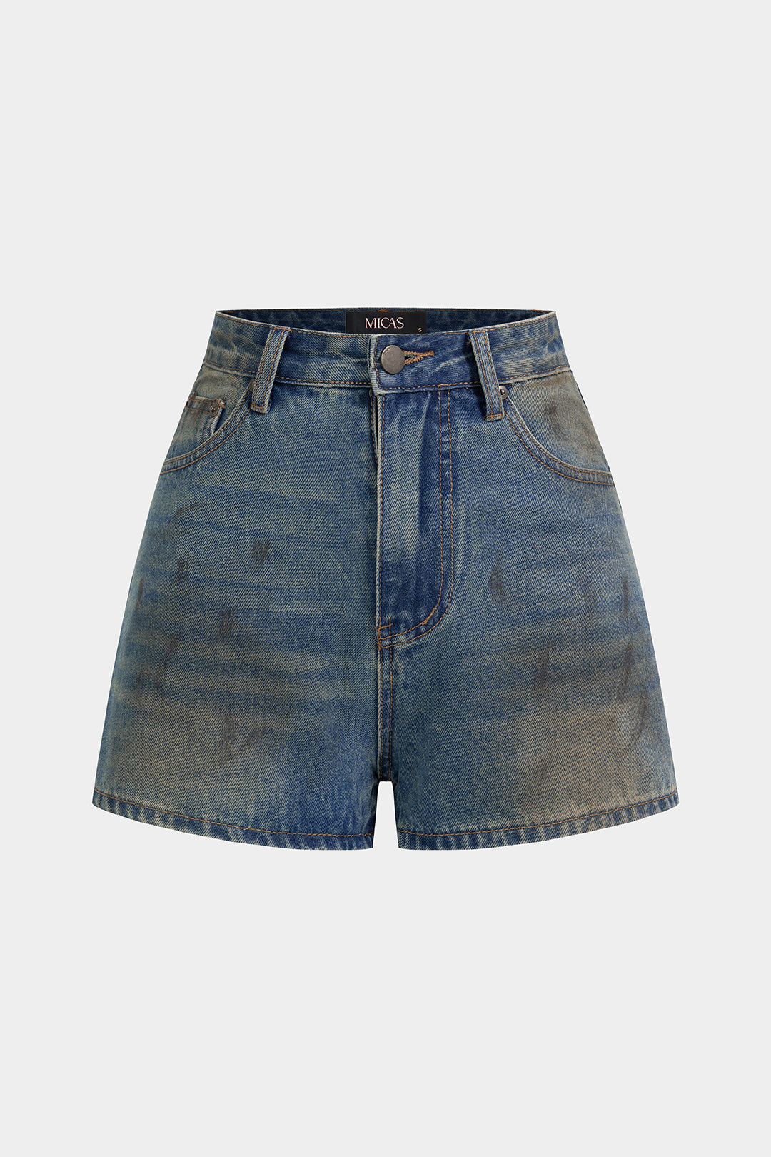 Denim patchwork short met zakken en wijde pijpen