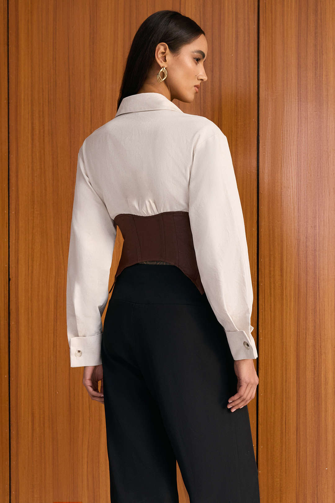 Linnen patchwork blouse met gesp en lange mouwen
