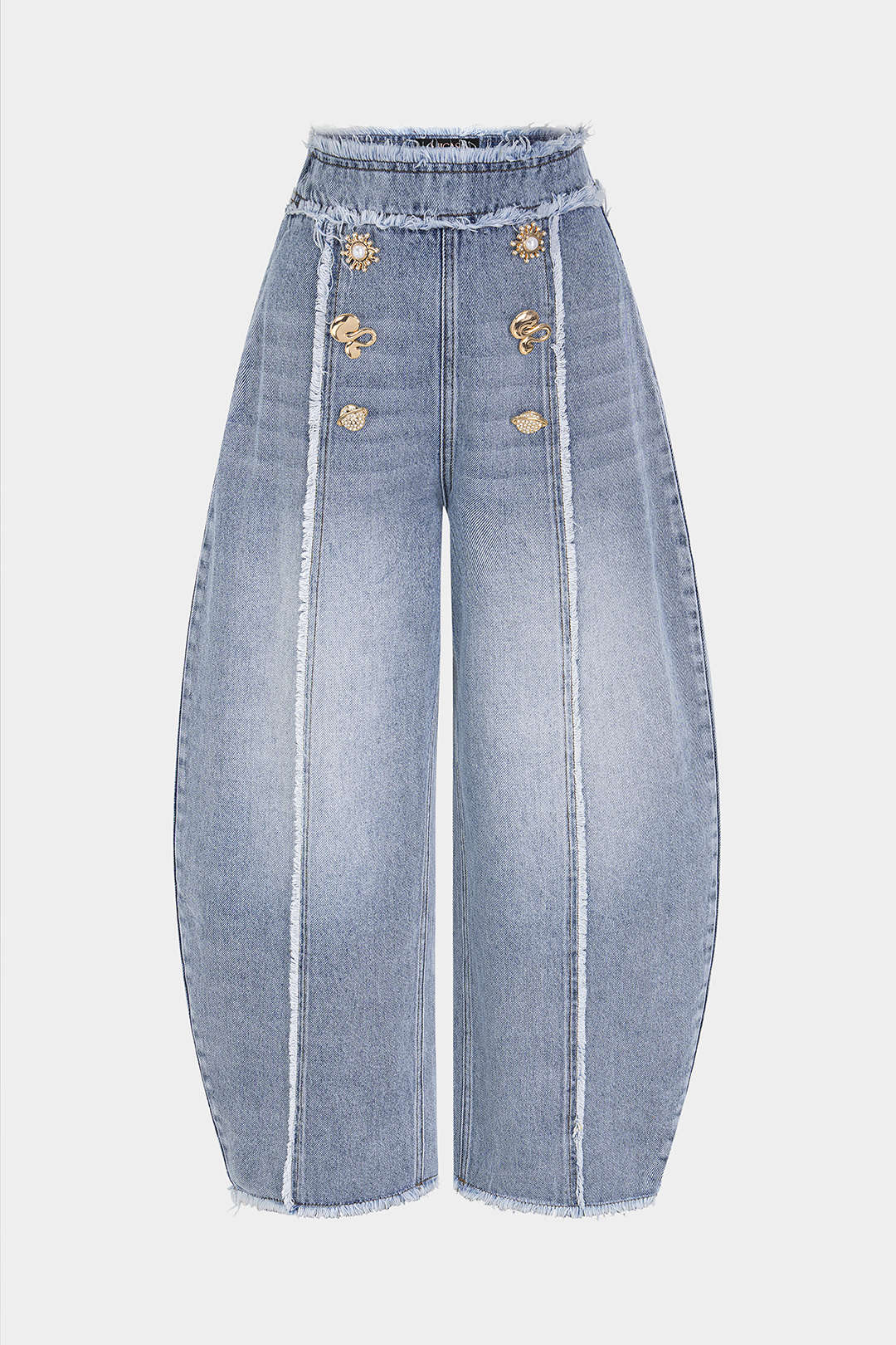 Metallic jeans met rafelrand, hoge taille en wijde pijpen