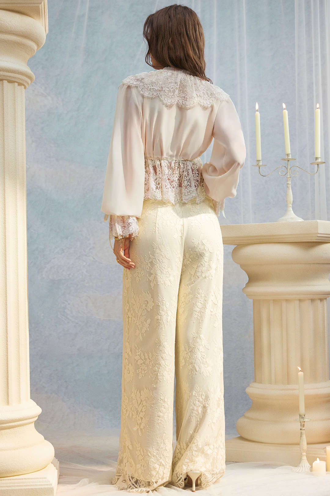 Chiffon patchwork blouse met kanten rand en trekkoord
