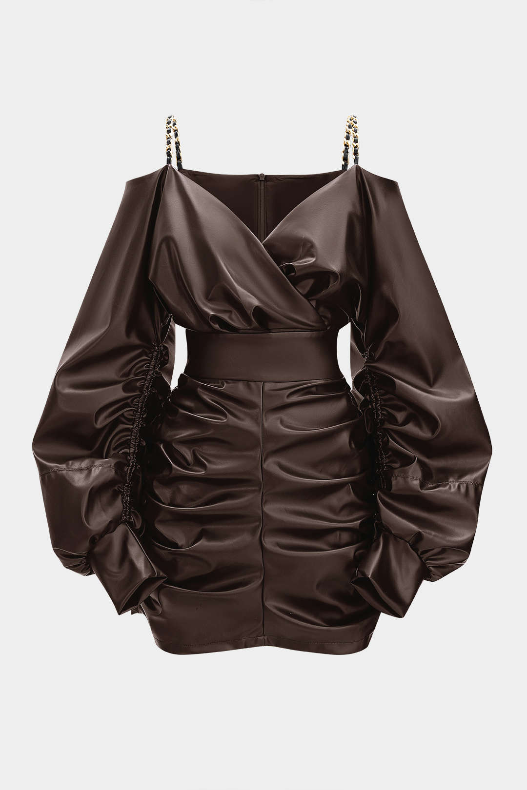 Gwen - Leren-look metallic minijurk met kettingdetail en ruches