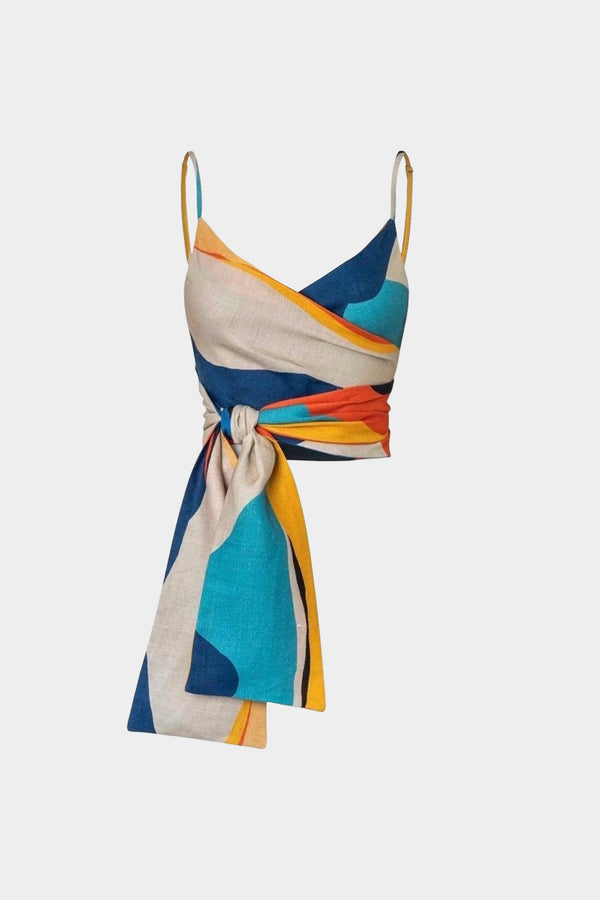 Geometrische linnen top met knoopdetail en ruches