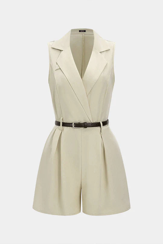 Sleeveless jumpsuit with V-neck, belt and pleats