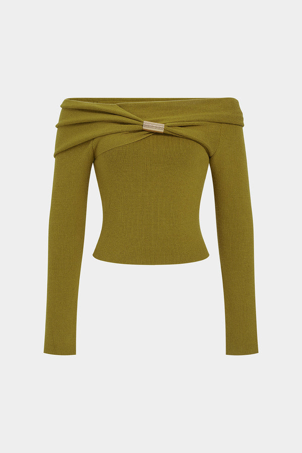 Gebreide metallic top met blote schouders en ruches
