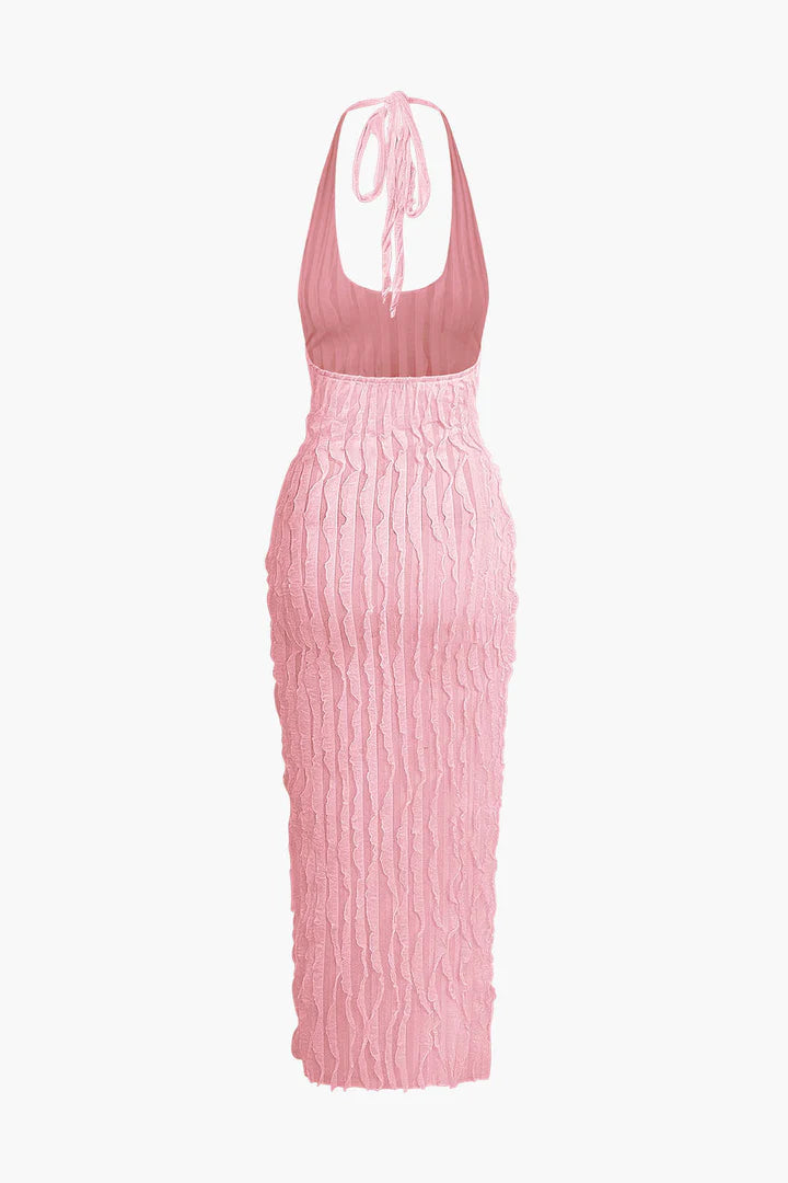 Maxi dress with sheer ruffles, halter neck and open back