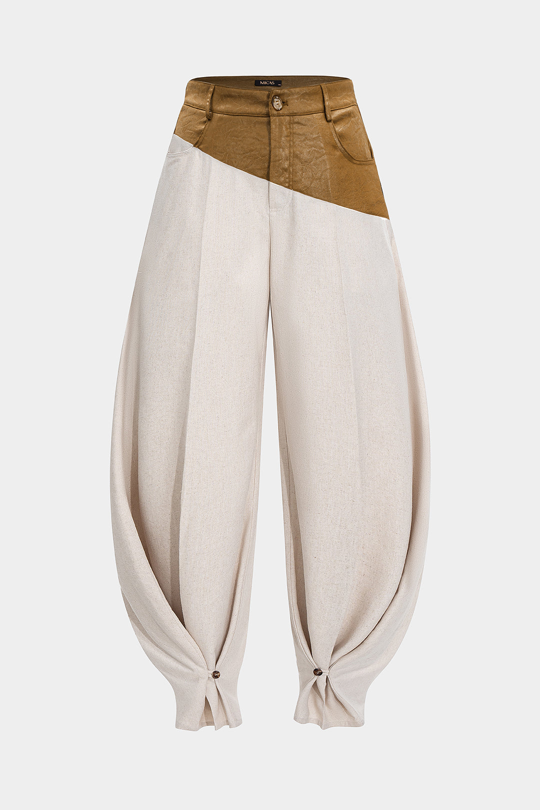 Leren-look patchwork pantalon met ruches en ballonmodel