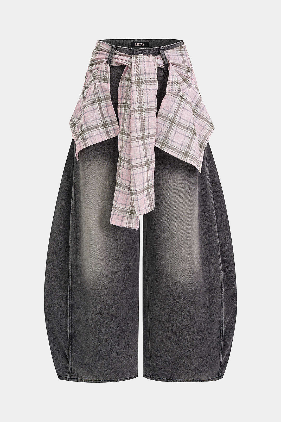 Geruite jeans met strik, zakken en hoge taille